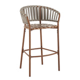Lodi Outdoor Metal Rope Barstool, Teak Finished Frame and Beige Cushion, Set of 4