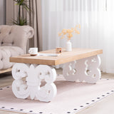 Ornate Wood Coffee Table – 47' Rectangular Farmhouse Style Table with White Carved Base and Natural Wood Top – Living Room Accent Table – Elegant Centerpiece for Modern or Traditional Decor