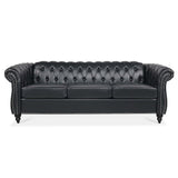 84.65" Black PU Rolled Arm Chesterfield Three Seater Sofa