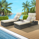 Outdoor Chaise Lounge Chair Set of 2 with Storage Patio Pool Chairs Tanning Lounges for Outside,Beach Rattan Recliners with Adjustable Backrest, Table, Cushion for Poolside Backyard Garden