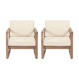 Set of 2 Outdoor Acacia Wood Patio Club Chairs with Beige Cushions