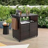 Outdoor Wicker Bar Cart with Glass Top and Wheels - Light Brown
