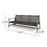 Outdoor Acacia Wood Wicker 3 Seater Sofa, Patio Furniture Conversation Set for Backyard