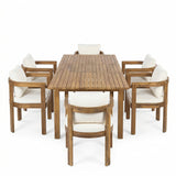7 Pieces Acacia Wood Outdoor Dining Set with Cream Cushions