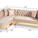 Gold Detailed Tufted Upholstery Sectional with Wood Legs - Taupe Velvet
