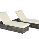 Outdoor Chaise Lounge Chair Set of 2 with Storage Patio Pool Chairs Tanning Lounges for Outside,Beach Rattan Recliners with Adjustable Backrest, Table, Cushion for Poolside Backyard Garden