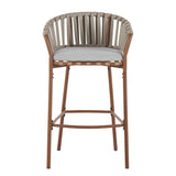 Lodi Outdoor Metal Rope Barstool, Teak Finished Frame and Beige Cushion, Set of 4