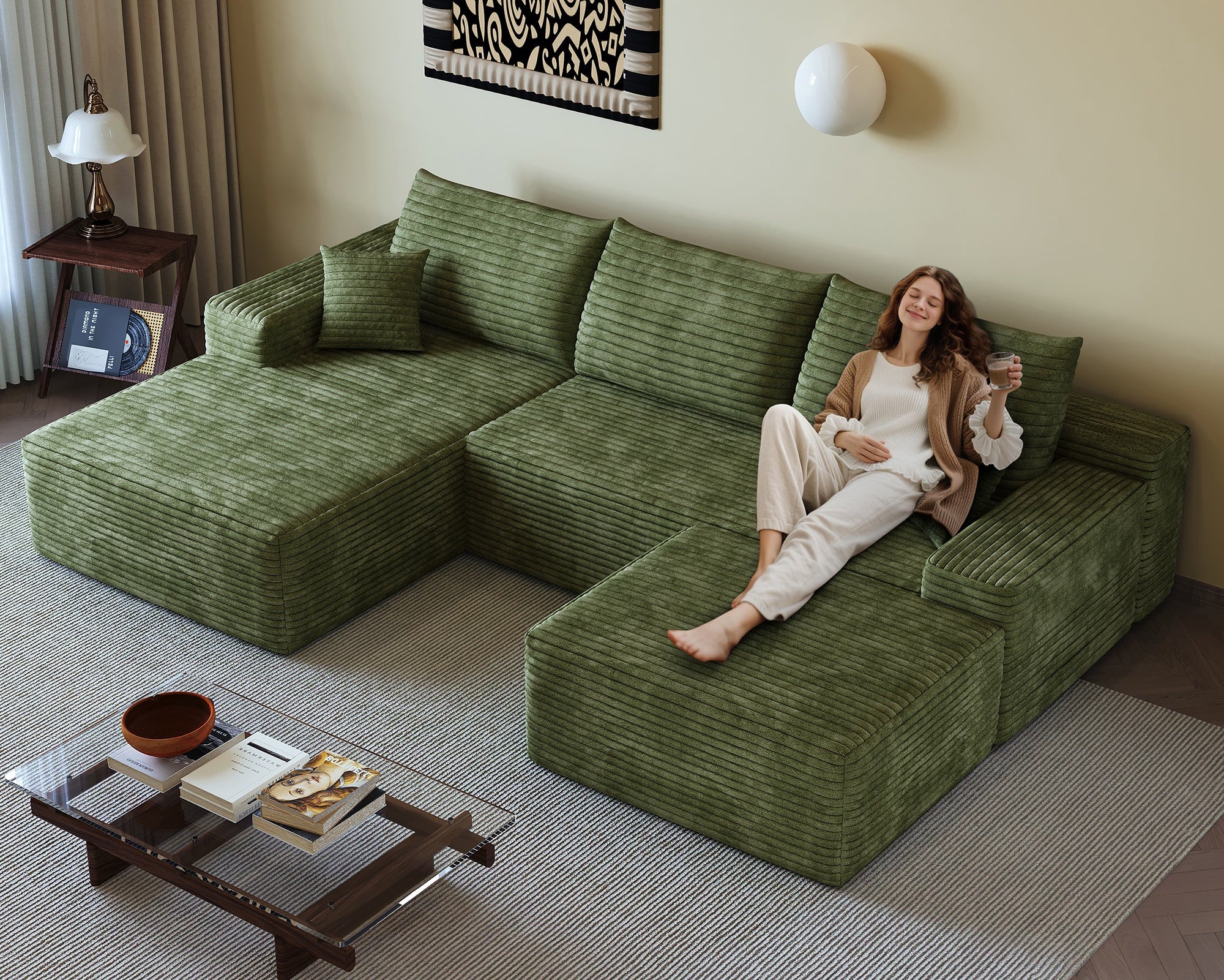 107" Cloud Sectional Sofa with Ottoman with Plush Corduroy - Black or Green