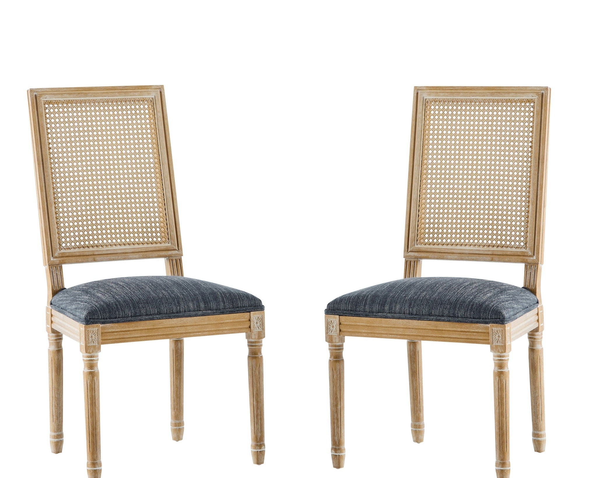 French Country Dining Chair With Rectangular Cane Backrest And Smooth Upholstered Seating