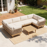 Acacia Wood Outdoor Sectional Sofa Set with Rope Back – 7-Piece