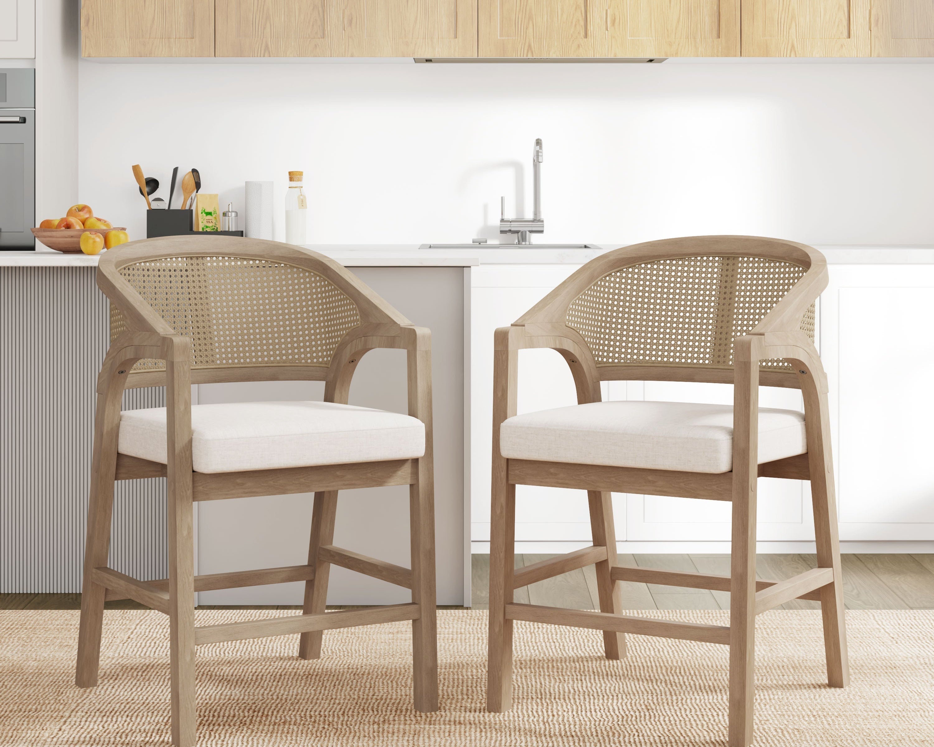 Wooden Frame Counter Stool with Rattan Back - Set of 2