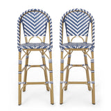 Outdoor Rattan French Barstool Set - Navy Blue & White