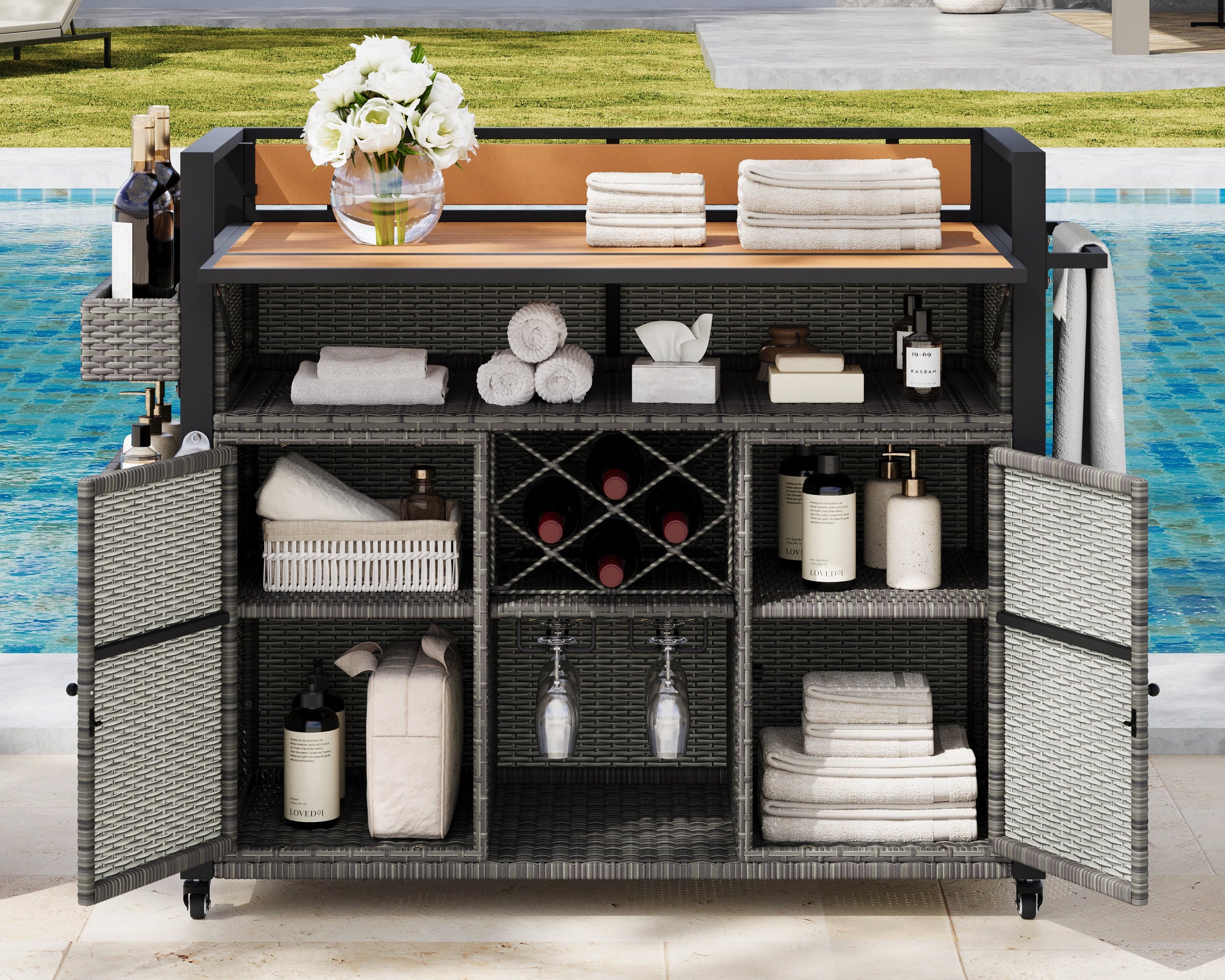 K&K 52.8"W Wicker Outdoor Grill Cart with Extended Table Top
