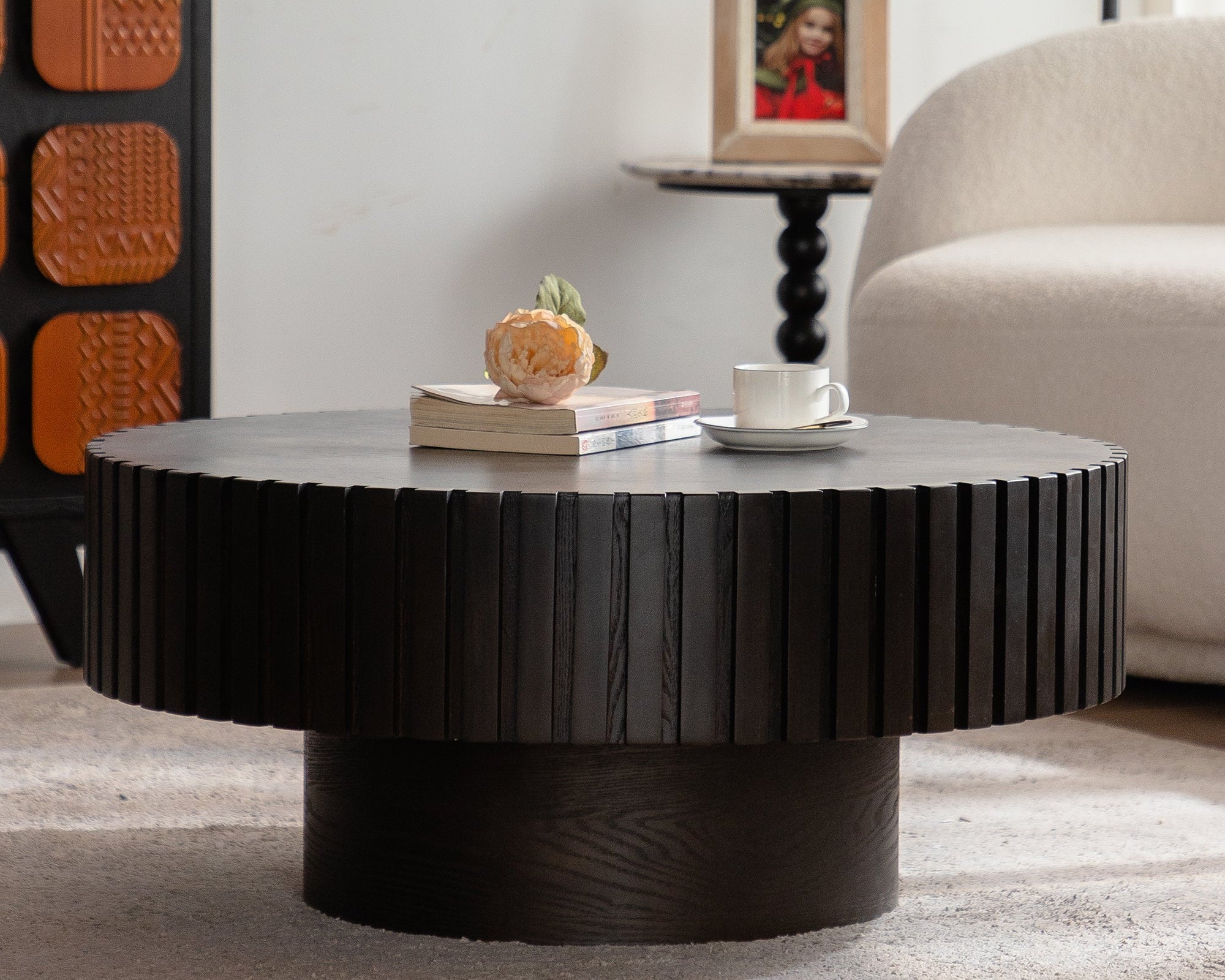 Round Coffee Table Handcrafted Relief Sturdy Pedestal
