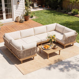 Acacia Wood Outdoor Sectional Sofa Set with Rope Back – 7-Piece