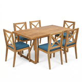 7 Pieces Acacia Wood Outdoor Dining Set with Blue Cushions