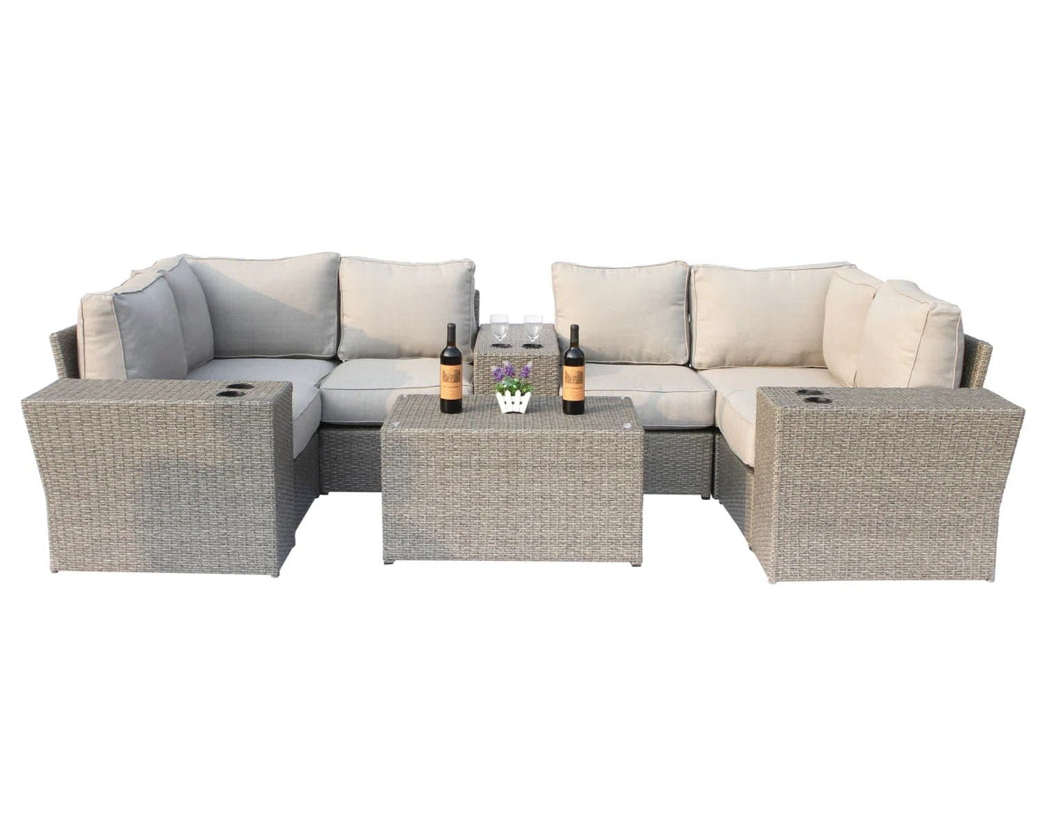 Wicker Outdoor Sectional With Weather Resistant Cushions And Table