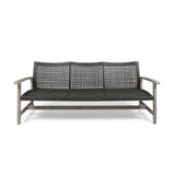 Outdoor Acacia Wood Wicker 3 Seater Sofa, Patio Furniture Conversation Set for Backyard