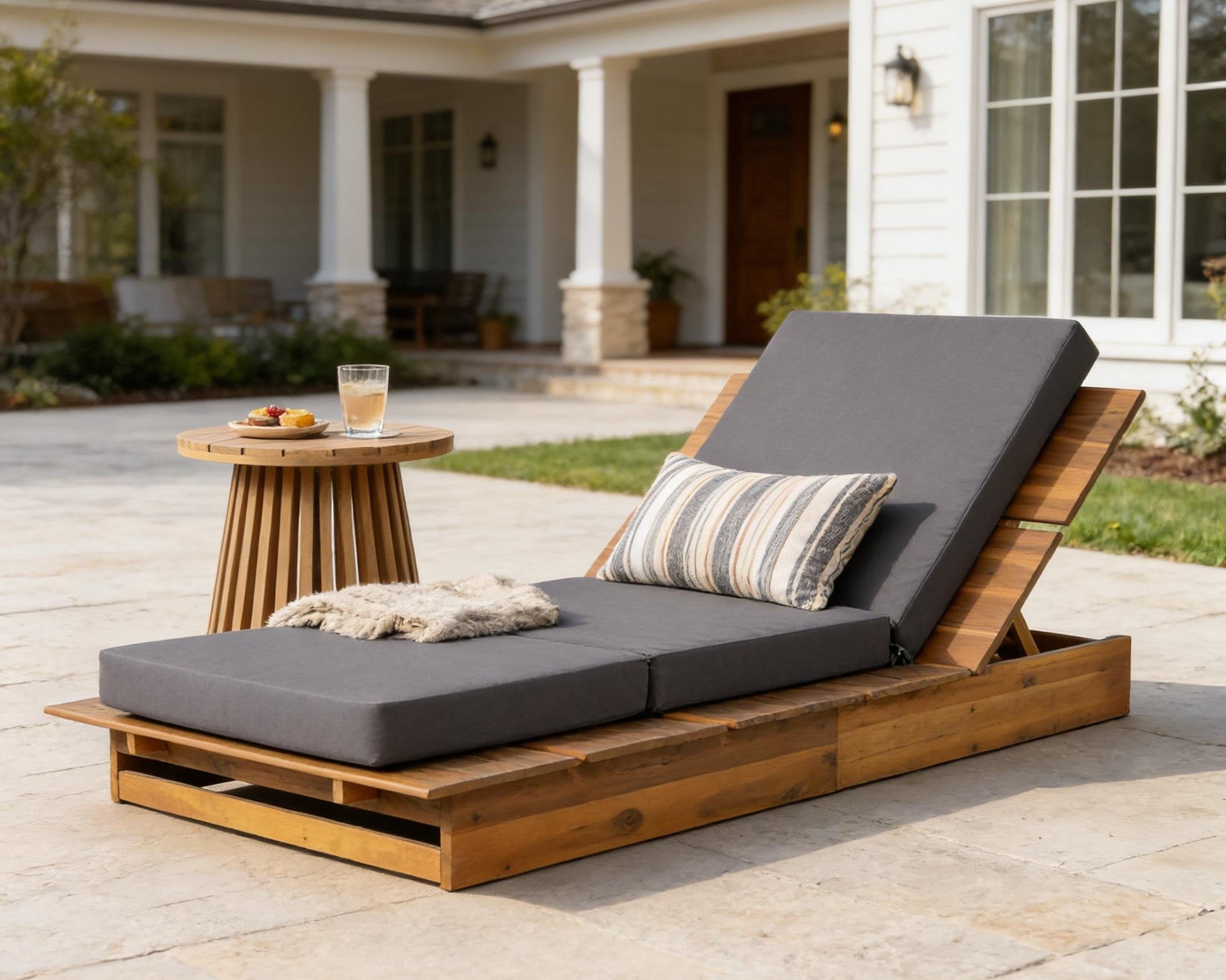 Acacia Wood Chaise Lounge with 4" Thick 3-Fold
