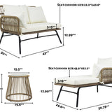 6PCS Outdoor Patio Balcony Natural Color Wicker Sofa Chair Set with Beige Cushion,Round Tempered Glass Table