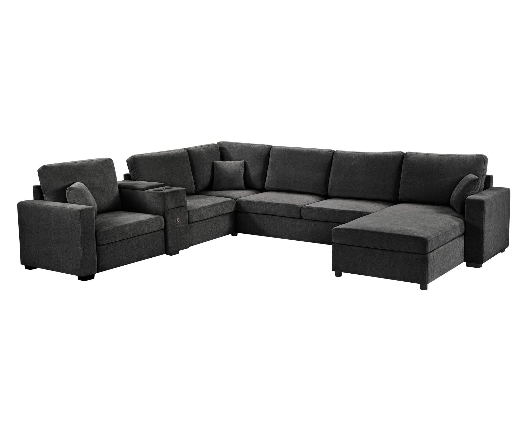 Modular 5 Seat U-Shape Sectional Sofa With Chaise Lounge, Built In Cup Holders And Storage Drawer