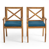 7 Pieces Acacia Wood Outdoor Dining Set with Blue Cushions