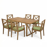 7 Pieces Acacia Wood Outdoor Dining Set with Green Cushions