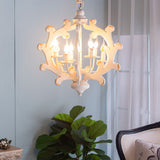 6 Light White Wood and Iron Chandelier with Adjustable Chain