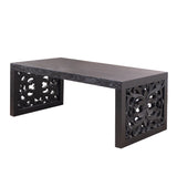 47.2' Solid Black Carved Wood Coffee Table – Handcrafted Look with Ornate Side Panels