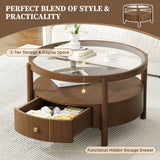 Solid Wood Round Glass Top Coffee Table with Storage Drawer