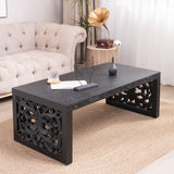 47.2' Solid Black Carved Wood Coffee Table – Handcrafted Look with Ornate Side Panels