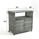 Outdoor Wicker Bar Cart with Glass Top and Wheels - Light Brown