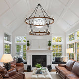 Large Solid Wood Wagon Wheel Chandelier, 2-Tier 32-Lights