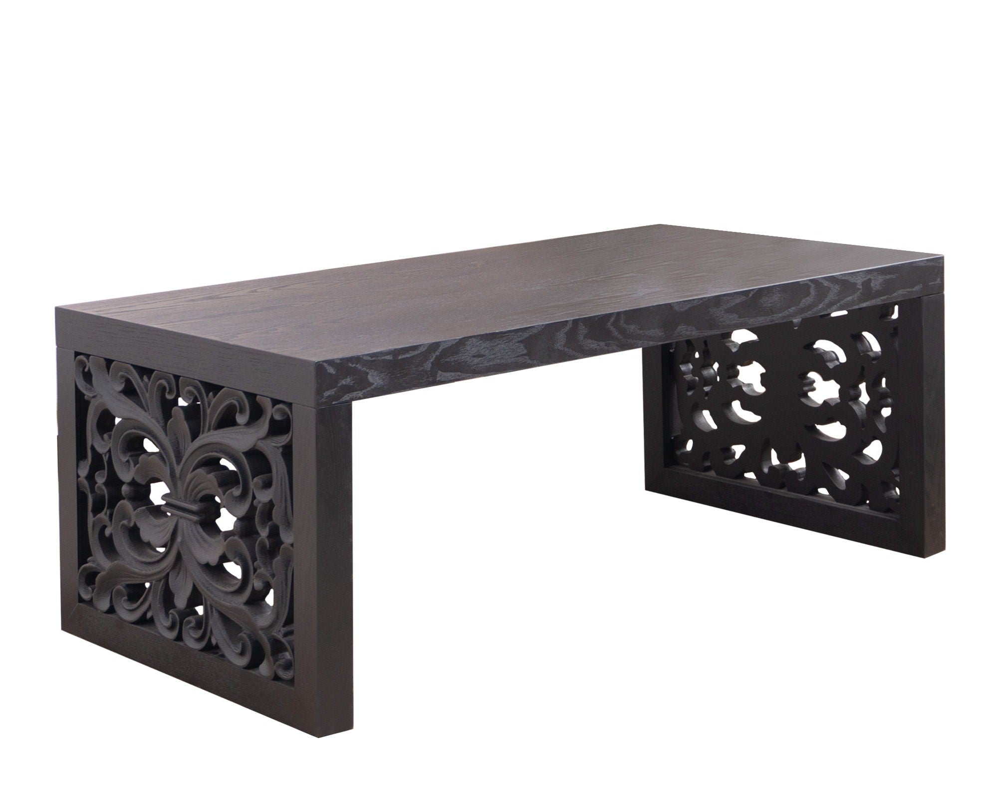 Rustic Carved Wood Coffee Table, Handcrafted Look With Ornate Side Panels