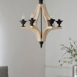 6 Light Wood Chandelier, Hanging Light Fixture With Adjustable Chain For Kitchen, Bulb Not Included - Cream