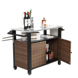 Outdoor Kitchen Wicker Island Rolling Cart & Storage Cabinet Brown