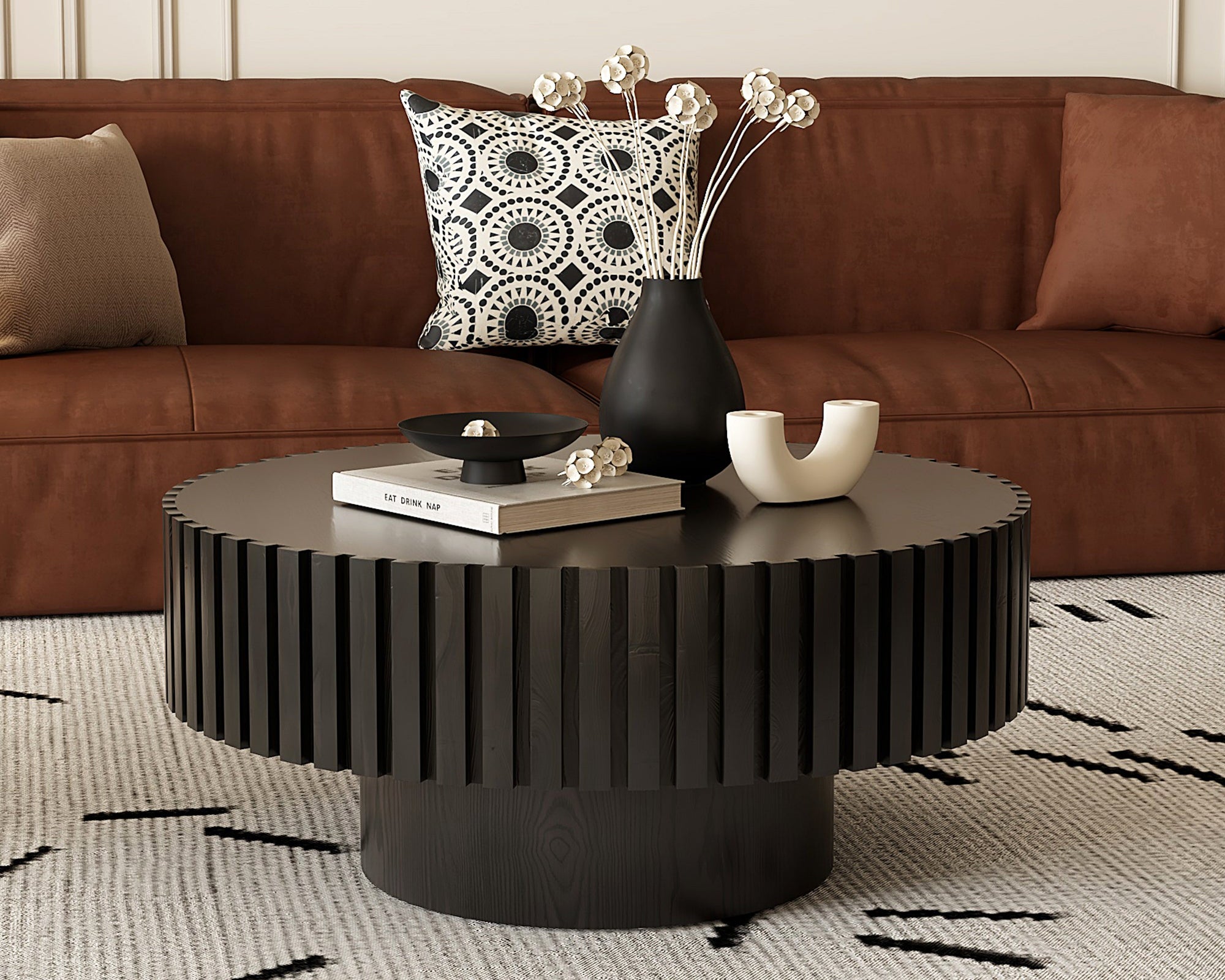 Round Coffee Table Handcrafted Relief Sturdy Pedestal