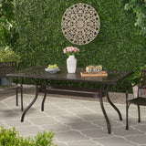 Celestine Outdoor Cast Aluminum Dining Table with Floral Lattice Design and Umbrella Holder