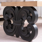 Black Scroll Base Coffee Table – 47' Rectangular Wood Living Room Table with Natural Top – Modern Farmhouse Accent Table – Elegant Centerpiece with Ornate Carved Design