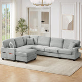 Upholstered U-Shaped Sectional Sofa with Movable Ottoman and Storage Pockets - Multiple Colors