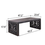 47.2' Solid Black Carved Wood Coffee Table – Handcrafted Look with Ornate Side Panels