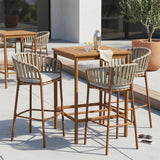 Lodi Outdoor Metal Rope Barstool, Teak Finished Frame and Beige Cushion, Set of 4