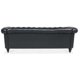 84.65" Black PU Rolled Arm Chesterfield Three Seater Sofa