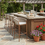 Lodi Outdoor Metal Rope Barstool, Teak Finished Frame and Beige Cushion, Set of 4