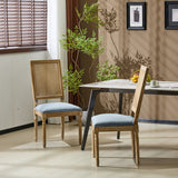 French Country Dining Chair With Rectangular Cane Backrest And Smooth Upholstered Seating