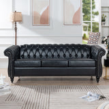 84.65" Black PU Rolled Arm Chesterfield Three Seater Sofa