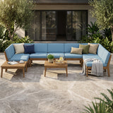 Grenada 8 Seater Acacia Wood Sectional Sofa Set with Water-Resistant Cushions - Teak + Blue