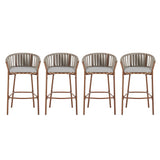 Lodi Outdoor Metal Rope Barstool, Teak Finished Frame and Beige Cushion, Set of 4