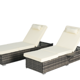 Outdoor Chaise Lounge Chair Set of 2 with Storage Patio Pool Chairs Tanning Lounges for Outside,Beach Rattan Recliners with Adjustable Backrest, Table, Cushion for Poolside Backyard Garden