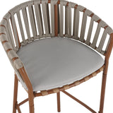 Lodi Outdoor Metal Rope Barstool, Teak Finished Frame and Beige Cushion, Set of 4